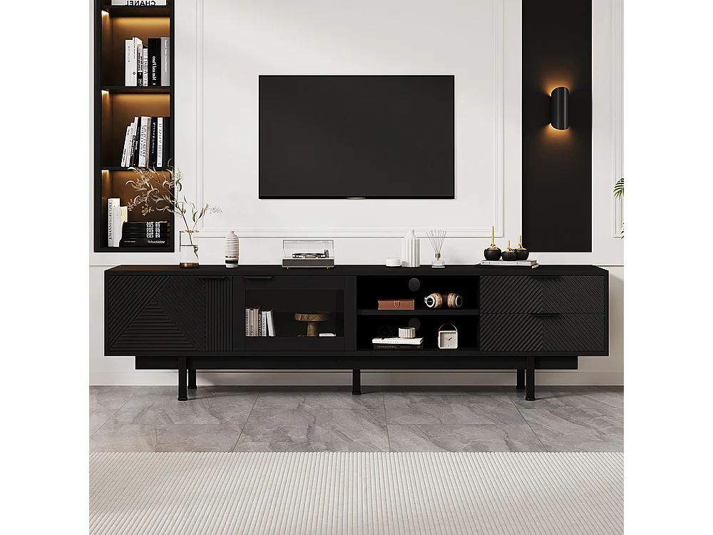 Meuble TV moderne 200x40x50.5 cm 2 portes 2 tiroirs grand rangement charge 45 kg TV 80 pouces noir