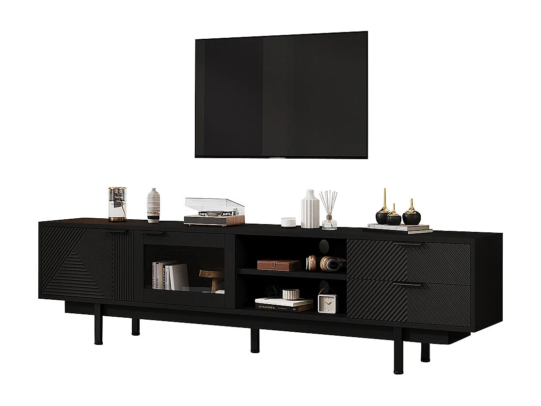 Meuble TV moderne 200x40x50.5 cm 2 portes 2 tiroirs grand rangement charge 45 kg TV 80 pouces noir