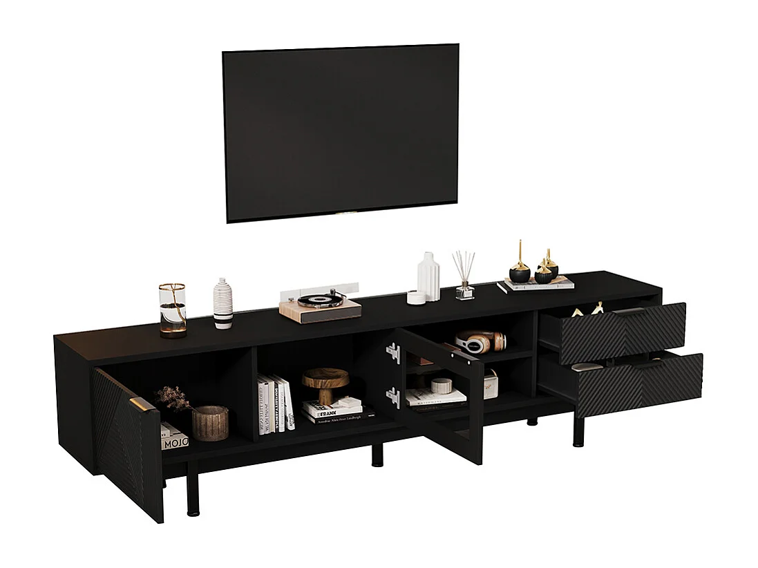 Meuble TV moderne 200x40x50.5 cm 2 portes 2 tiroirs grand rangement charge 45 kg TV 80 pouces noir