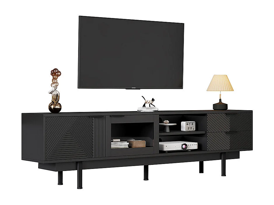 Meuble TV moderne 200x40x50.5 cm 2 portes 2 tiroirs grand rangement charge 45 kg TV 80 pouces noir