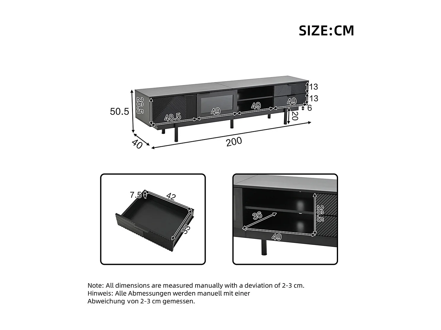 Meuble TV moderne 200x40x50.5 cm 2 portes 2 tiroirs grand rangement charge 45 kg TV 80 pouces noir