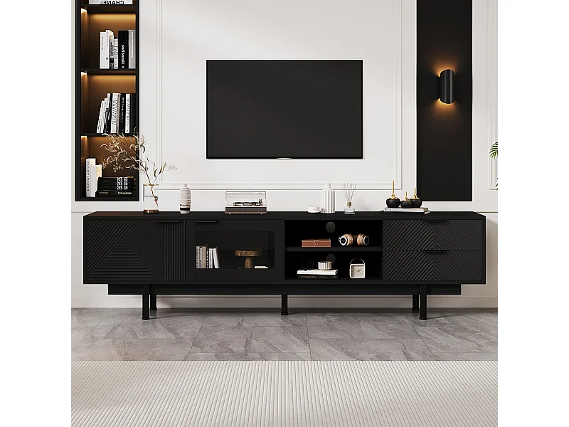 Meuble TV moderne 200x40x50.5 cm 2 portes 2 tiroirs grand rangement charge 45 kg TV 80 pouces noir