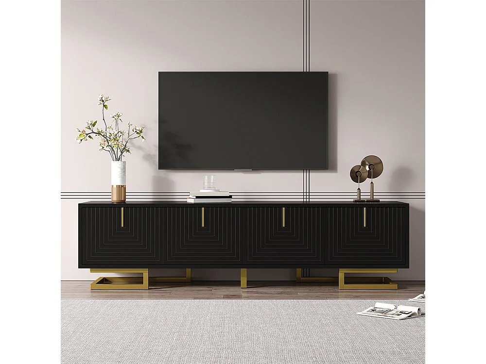 Meuble TV bas portes structurées poignées dorées pieds dorés noir