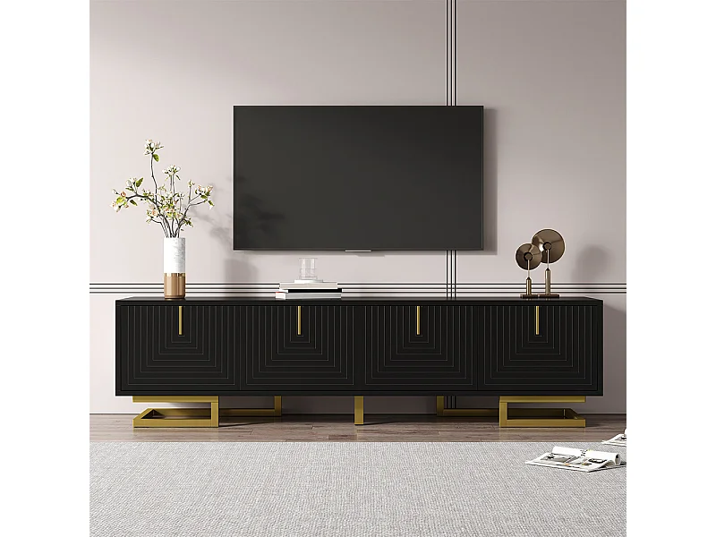 Meuble TV bas portes structurées poignées dorées pieds dorés noir
