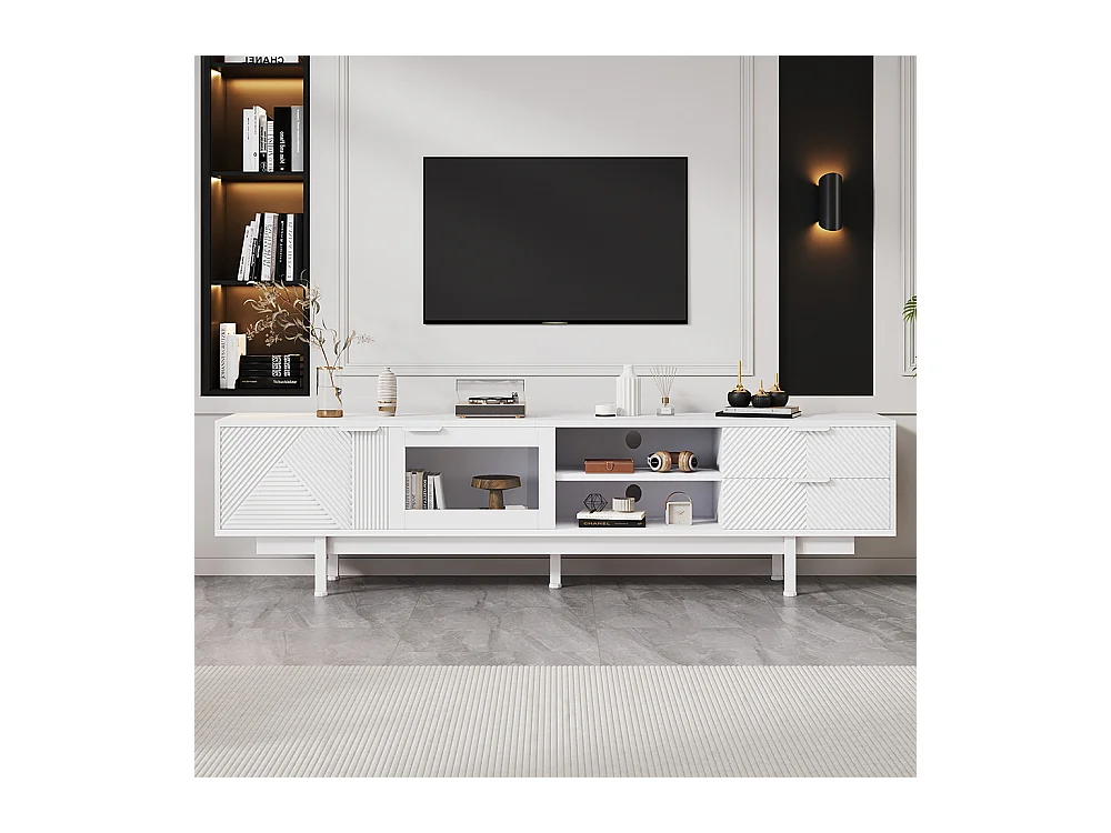 Meuble TV moderne 200x40x50.5 cm 2 portes 2 tiroirs grand rangement charge 45 kg TV 80 pouces blanc
