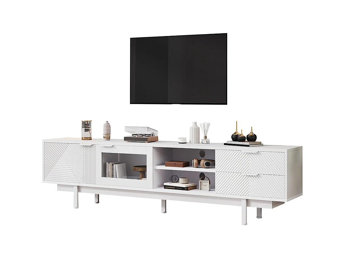 Meuble TV moderne 200x40x50.5 cm 2 portes 2 tiroirs grand rangement charge 45 kg TV 80 pouces blanc