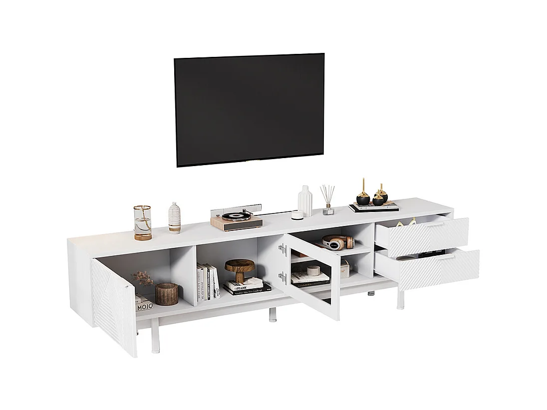 Meuble TV moderne 200x40x50.5 cm 2 portes 2 tiroirs grand rangement charge 45 kg TV 80 pouces blanc