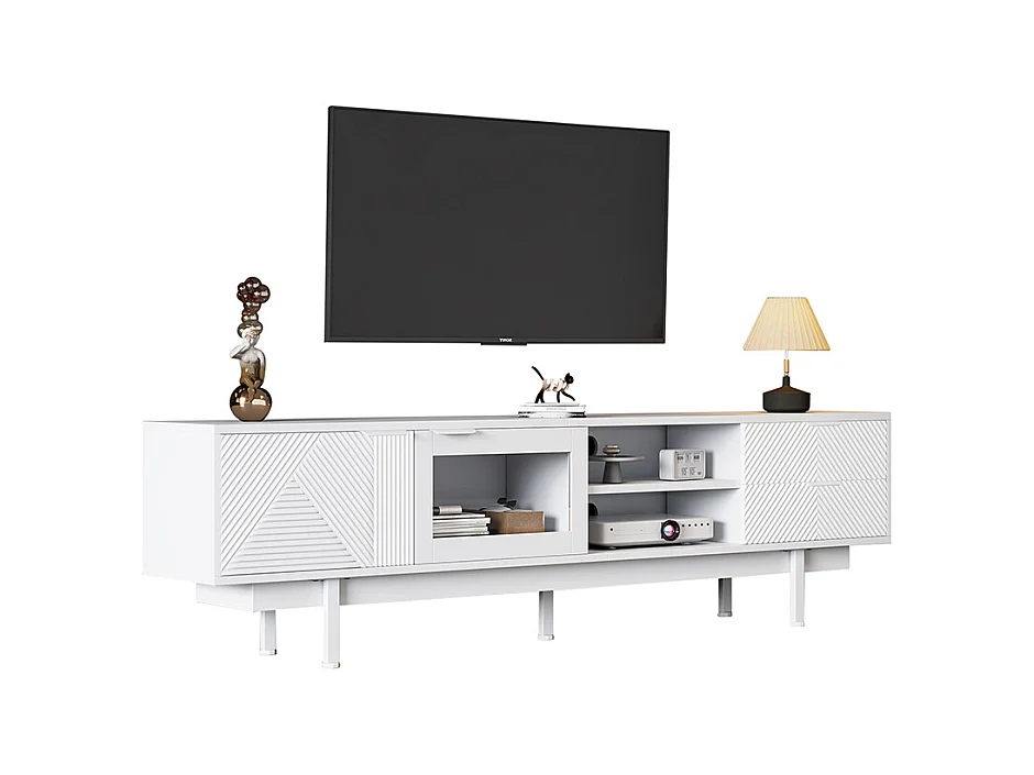 Meuble TV moderne 200x40x50.5 cm 2 portes 2 tiroirs grand rangement charge 45 kg TV 80 pouces blanc