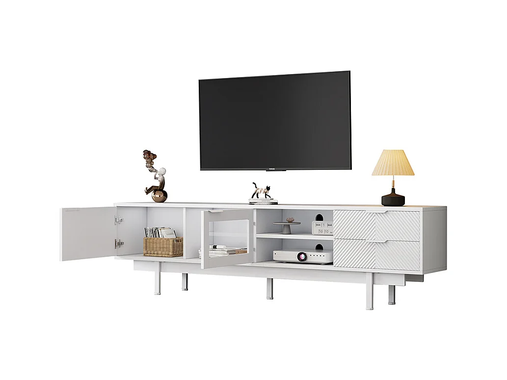 Meuble TV moderne 200x40x50.5 cm 2 portes 2 tiroirs grand rangement charge 45 kg TV 80 pouces blanc