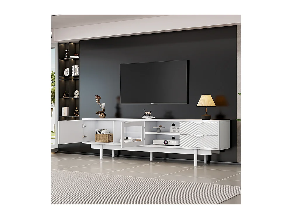 Meuble TV moderne 200x40x50.5 cm 2 portes 2 tiroirs grand rangement charge 45 kg TV 80 pouces blanc