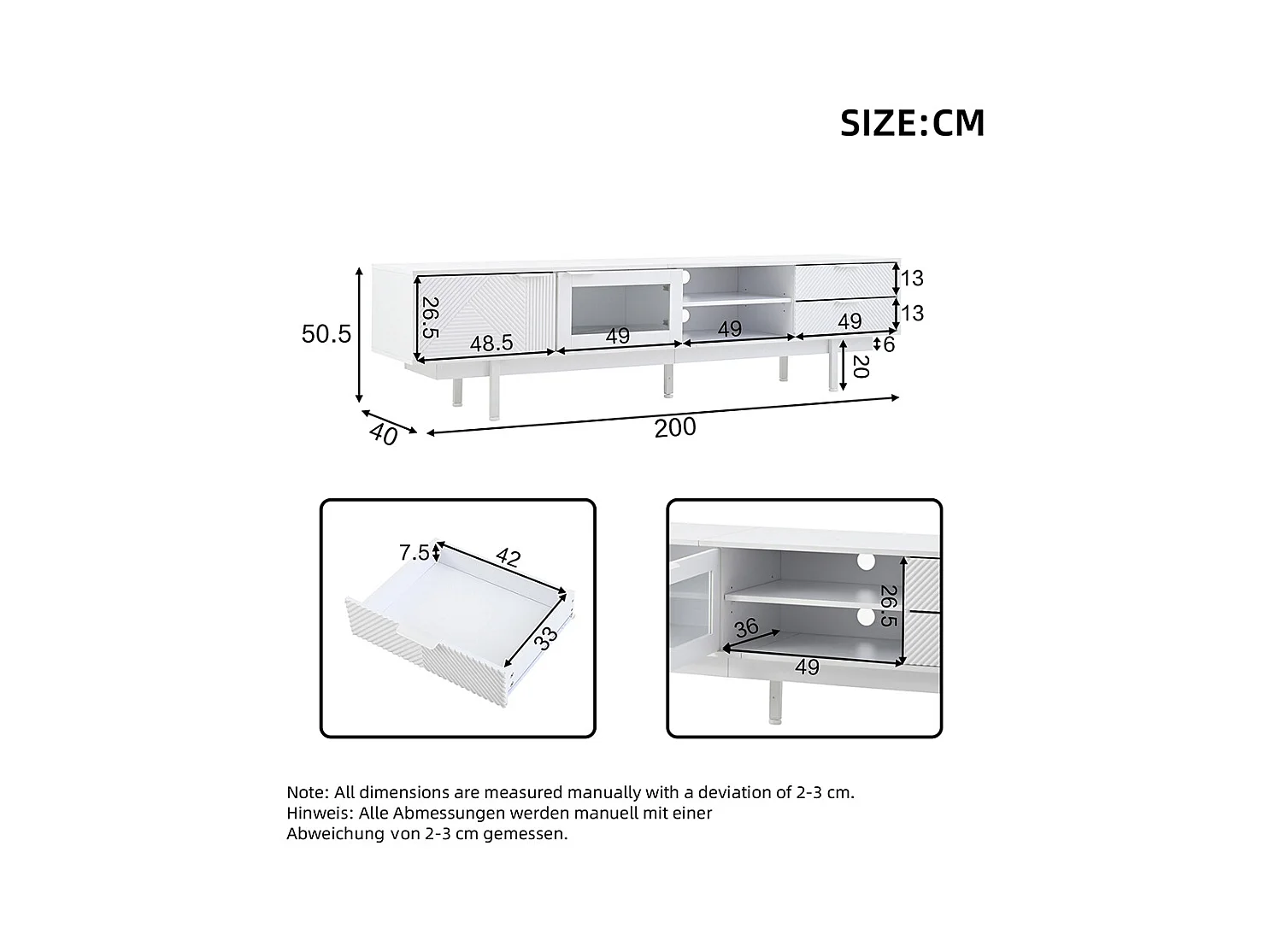 Meuble TV moderne 200x40x50.5 cm 2 portes 2 tiroirs grand rangement charge 45 kg TV 80 pouces blanc