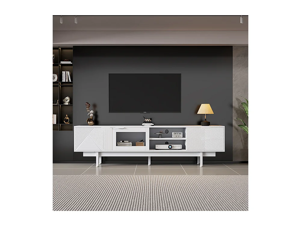 Meuble TV moderne 200x40x50.5 cm 2 portes 2 tiroirs grand rangement charge 45 kg TV 80 pouces blanc