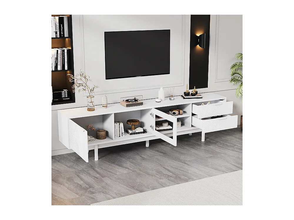 Meuble TV moderne 200x40x50.5 cm 2 portes 2 tiroirs grand rangement charge 45 kg TV 80 pouces blanc