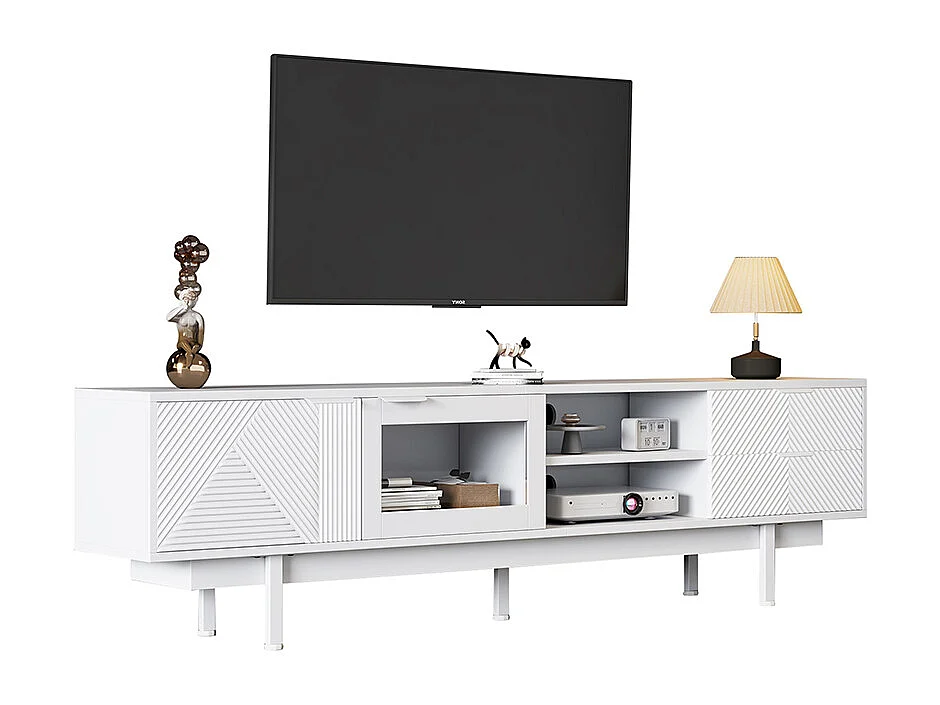 Meuble TV moderne 200x40x50.5 cm 2 portes 2 tiroirs grand rangement charge 45 kg TV 80 pouces blanc