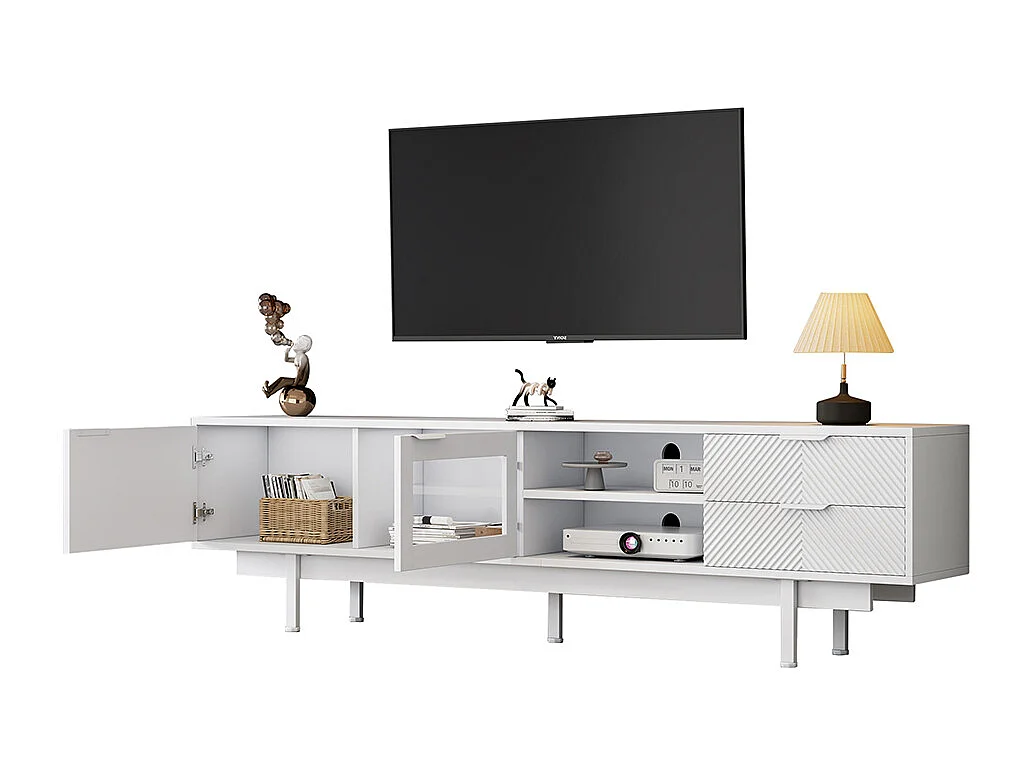 Meuble TV moderne 200x40x50.5 cm 2 portes 2 tiroirs grand rangement charge 45 kg TV 80 pouces blanc