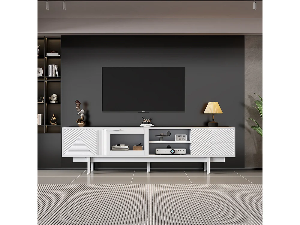 Meuble TV moderne 200x40x50.5 cm 2 portes 2 tiroirs grand rangement charge 45 kg TV 80 pouces blanc