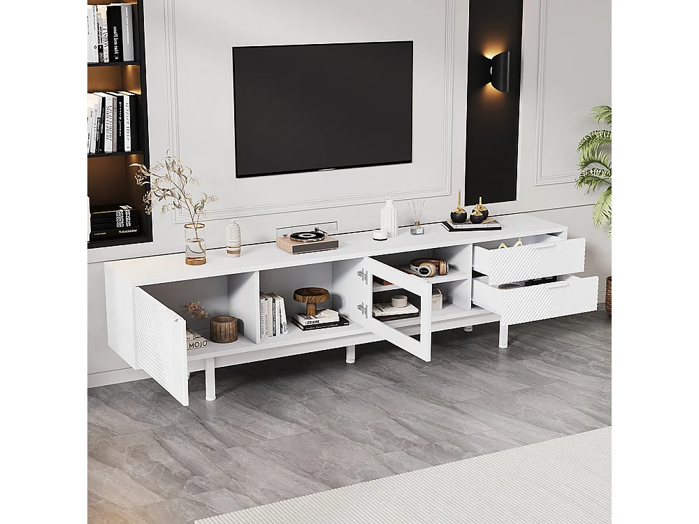 Meuble TV moderne 200x40x50.5 cm 2 portes 2 tiroirs grand rangement charge 45 kg TV 80 pouces blanc