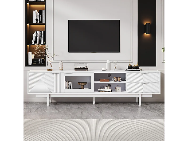Meuble TV moderne 200x40x50.5 cm 2 portes 2 tiroirs grand rangement charge 45 kg TV 80 pouces blanc