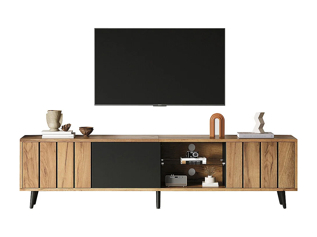 Meuble TV bas 175x31.5x45 cm 3 armoires salon bois naturel raccords noirs TV 75 pouces