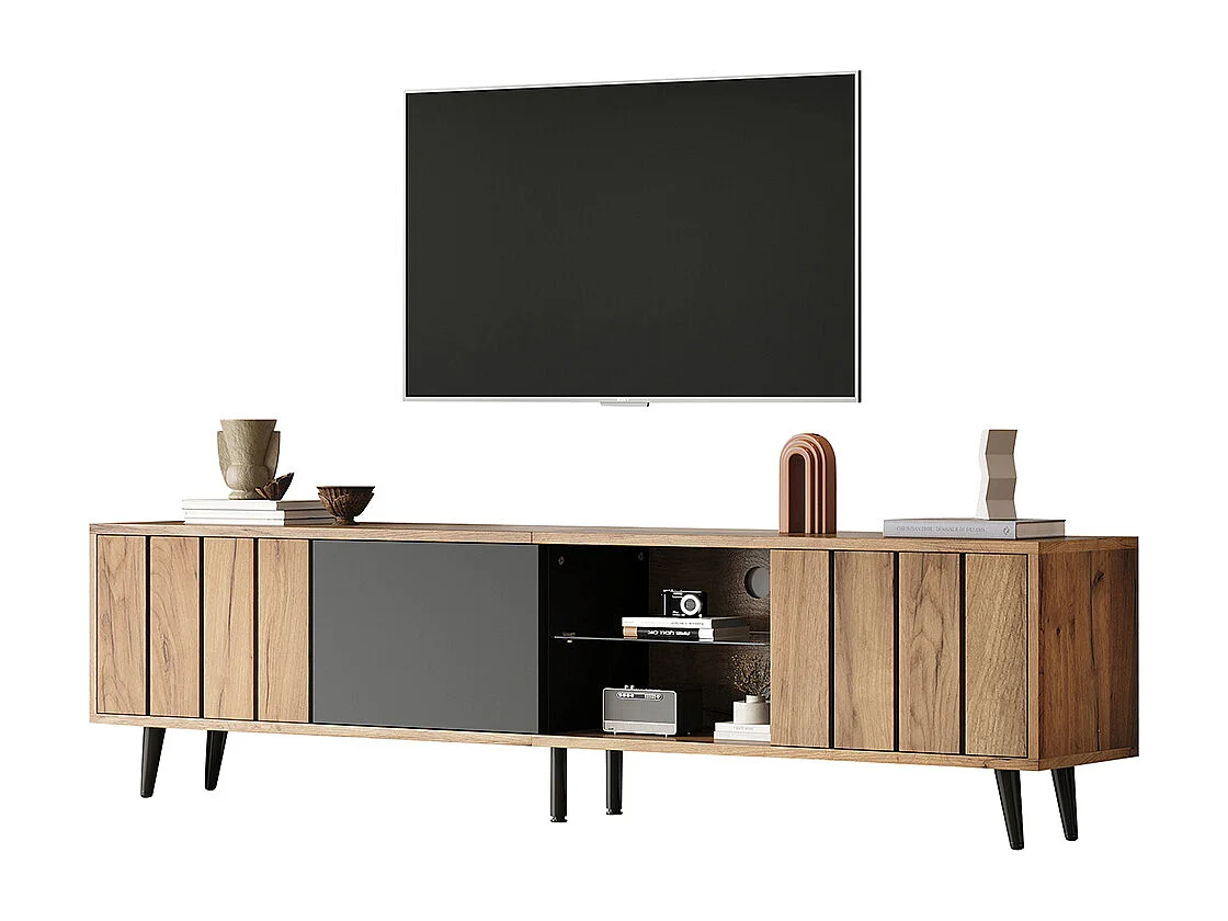 Meuble TV bas 175x31.5x45 cm 3 armoires salon bois naturel raccords noirs TV 75 pouces