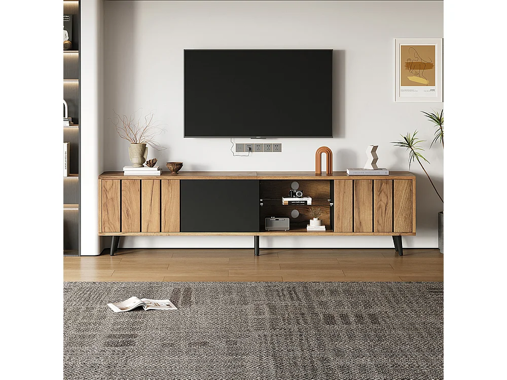 Meuble TV bas 175x31.5x45 cm 3 armoires salon bois naturel raccords noirs TV 75 pouces