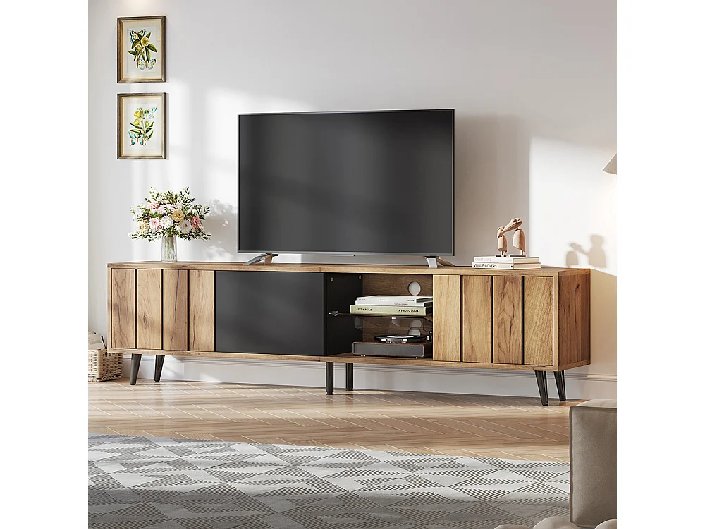 Meuble TV bas 175x31.5x45 cm 3 armoires salon bois naturel raccords noirs TV 75 pouces