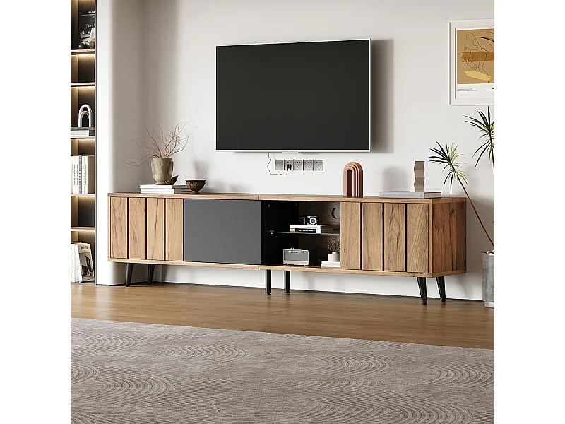 Meuble TV bas 175x31.5x45 cm 3 armoires salon bois naturel raccords noirs TV 75 pouces
