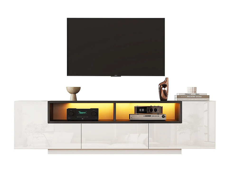 Meuble TV sur pied LED 180x40x48 cm L tiroirs salon brillant TV 75 pouces blanc noir