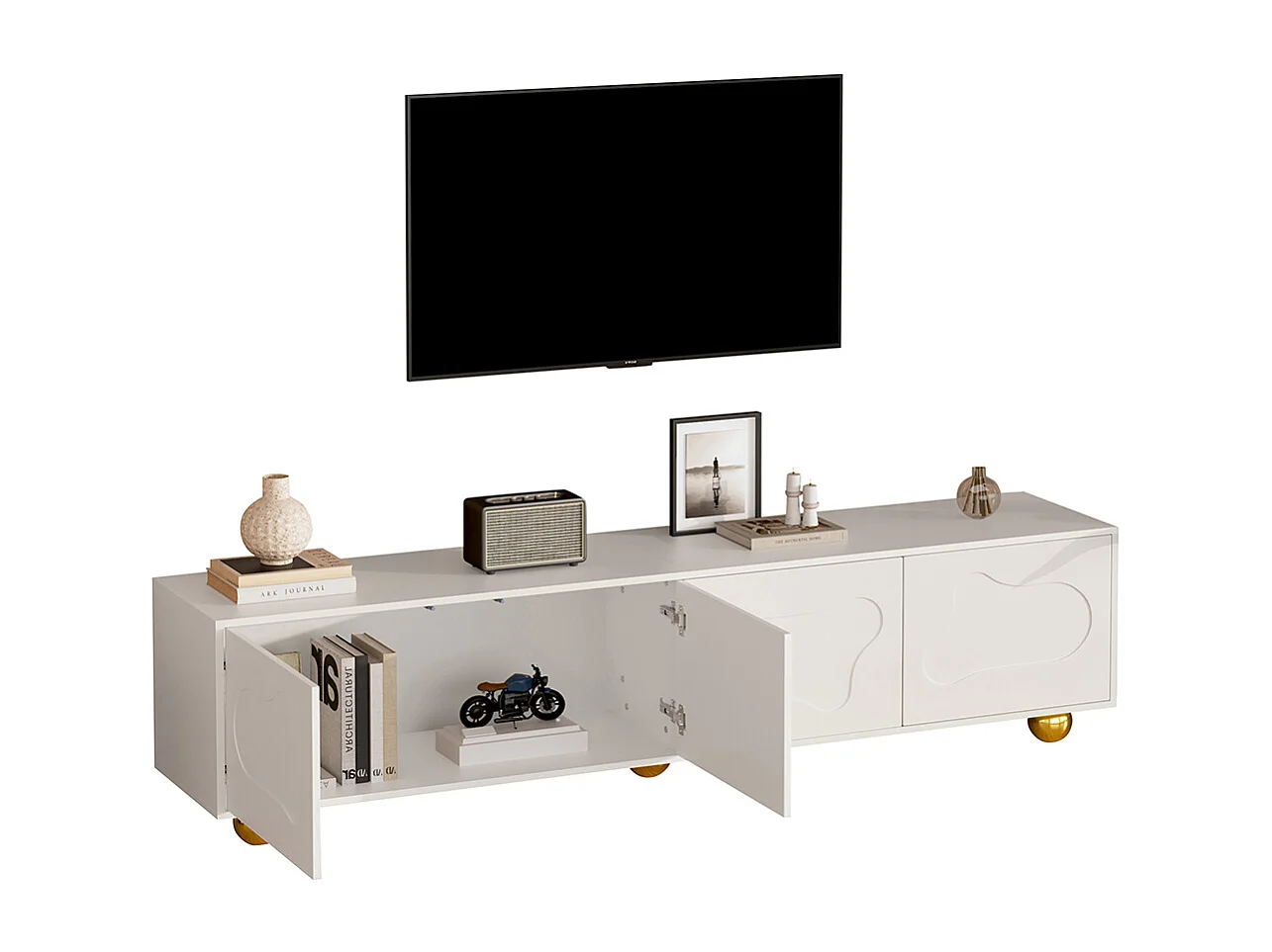 Meuble TV cartoon nuage 180x40x45 cm 2 armoires 5 pieds charge 60 kg TV 75 pouces