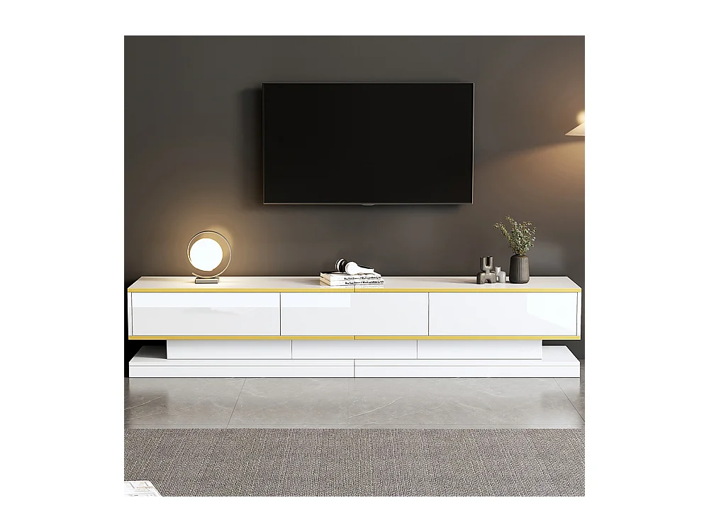 Meuble TV 200x40x40 cm 3 tiroirs brillant grand rangement blanc chaud bord doré sur pied