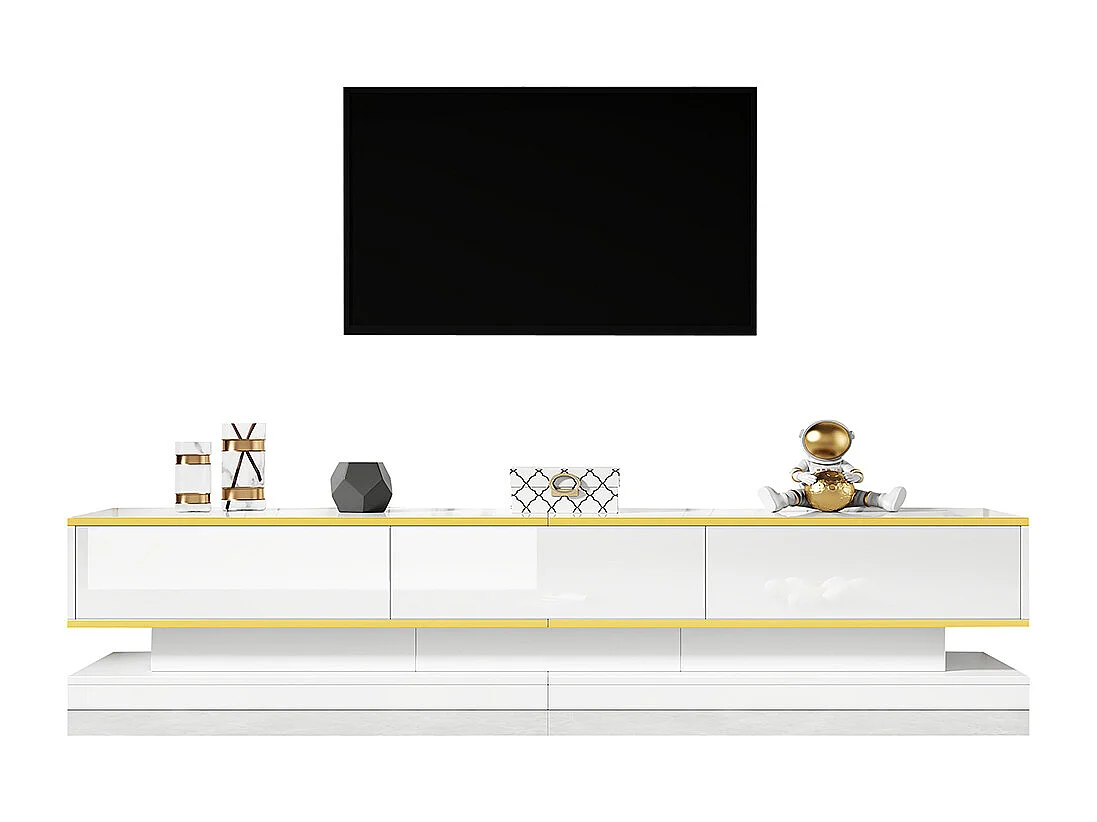 Meuble TV 200x40x40 cm 3 tiroirs brillant grand rangement blanc chaud bord doré sur pied