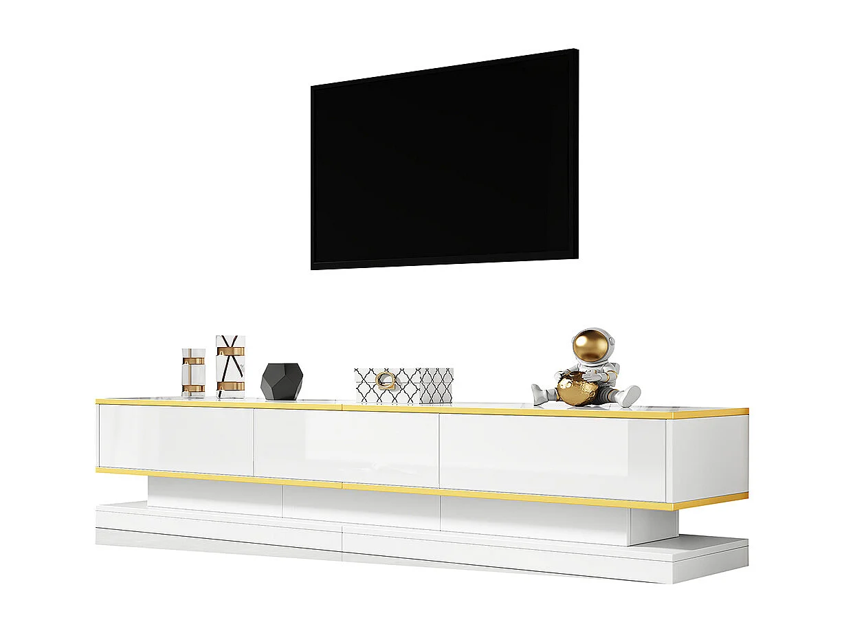 Meuble TV 200x40x40 cm 3 tiroirs brillant grand rangement blanc chaud bord doré sur pied