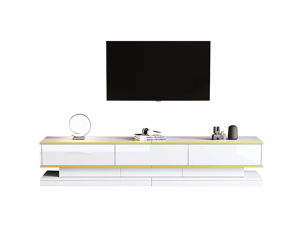 Meuble TV 200x40x40 cm 3 tiroirs brillant grand rangement blanc chaud bord doré sur pied