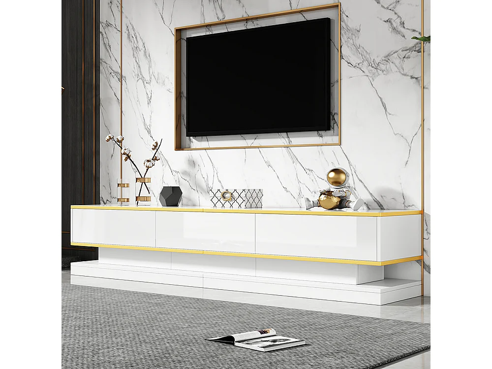 Meuble TV 200x40x40 cm 3 tiroirs brillant grand rangement blanc chaud bord doré sur pied