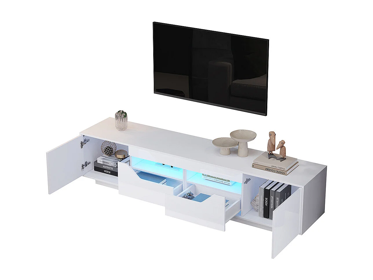 Meuble TV sur pied 180x40x45 cm 2 tiroirs 2 armoires brillant LED TV 75 pouces blanc
