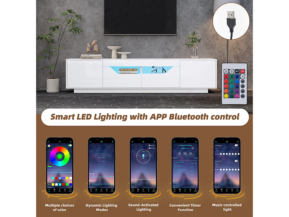 Meuble TV sur pied 180x40x45 cm 2 tiroirs 2 armoires brillant LED TV 75 pouces blanc