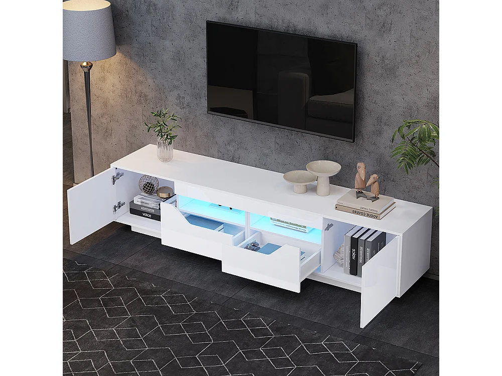 Meuble TV sur pied 180x40x45 cm 2 tiroirs 2 armoires brillant LED TV 75 pouces blanc