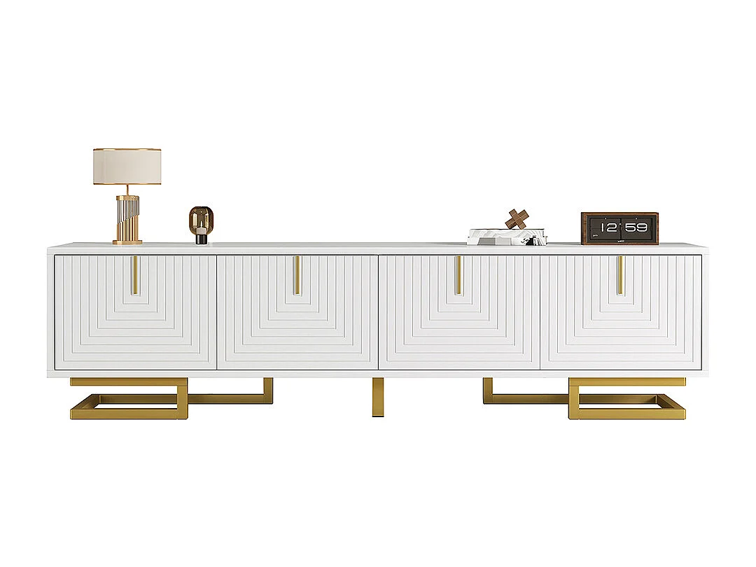 Meuble TV bas portes structurées poignées dorées pieds dorés blanc