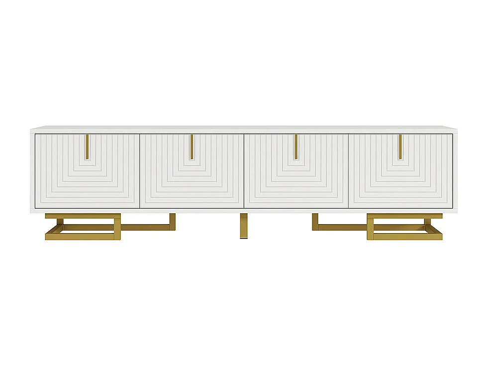 Meuble TV bas portes structurées poignées dorées pieds dorés blanc