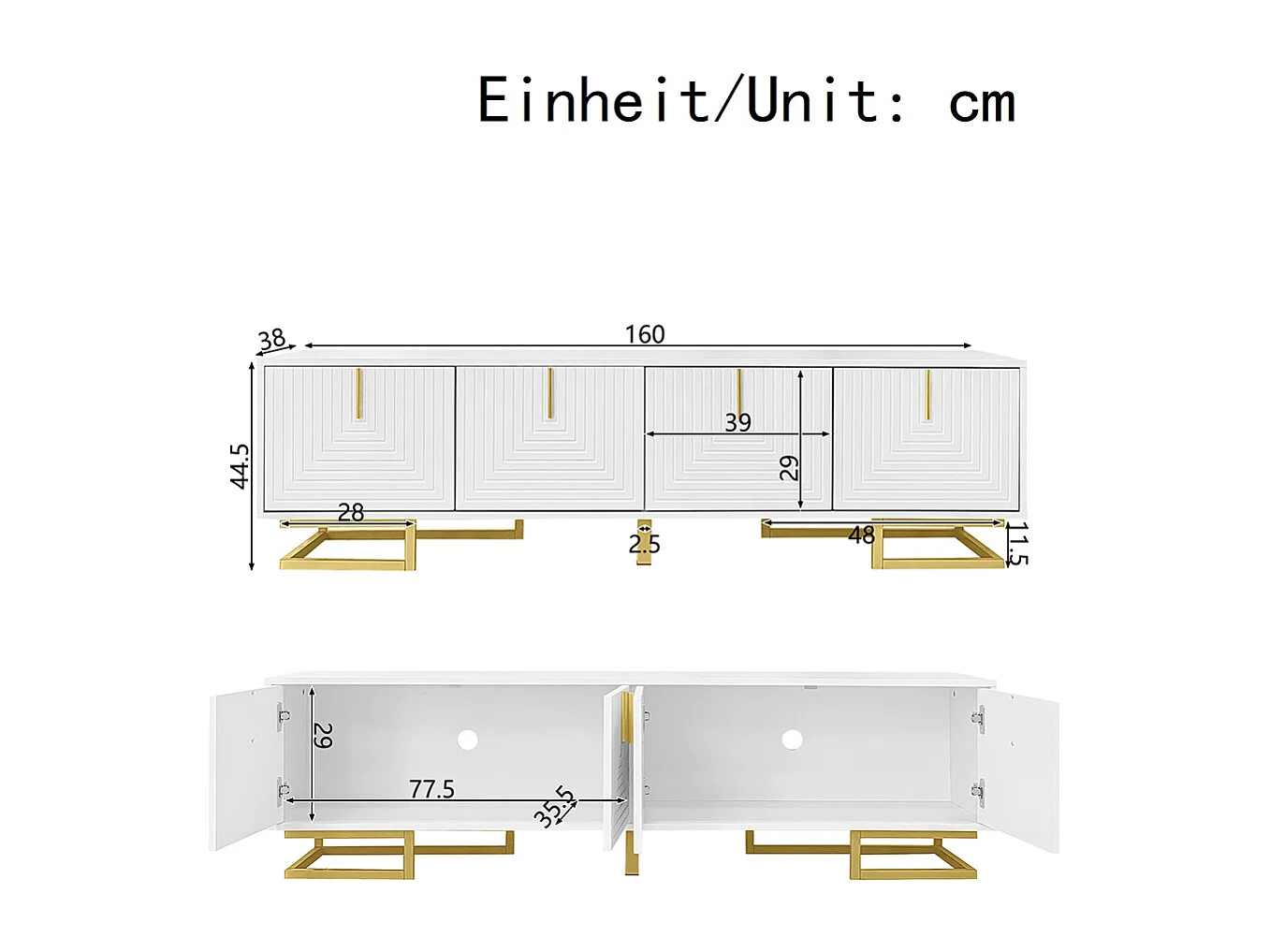 Meuble TV bas portes structurées poignées dorées pieds dorés blanc