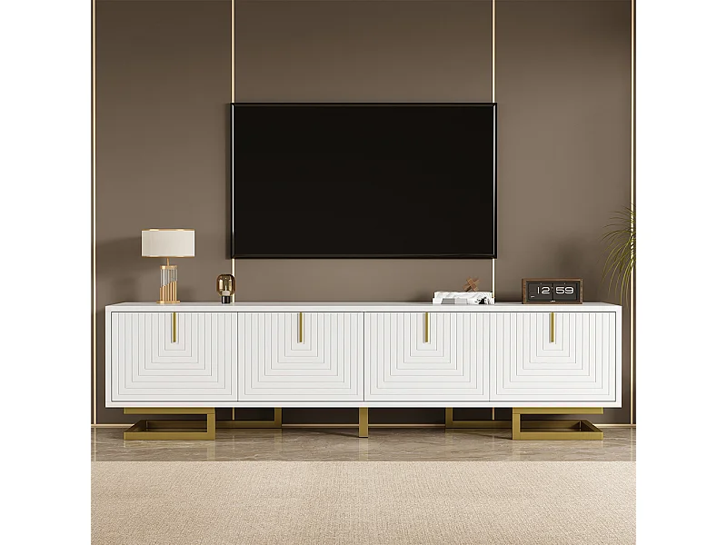Meuble TV bas portes structurées poignées dorées pieds dorés blanc