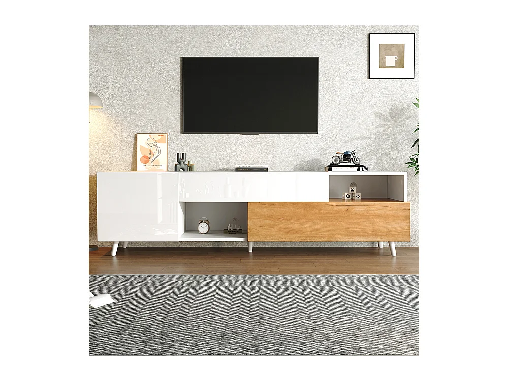 Meuble TV 180x38x50 cm porte inférieure 1 tiroir 7 compartiments brillant commode salon TV 75 pouces