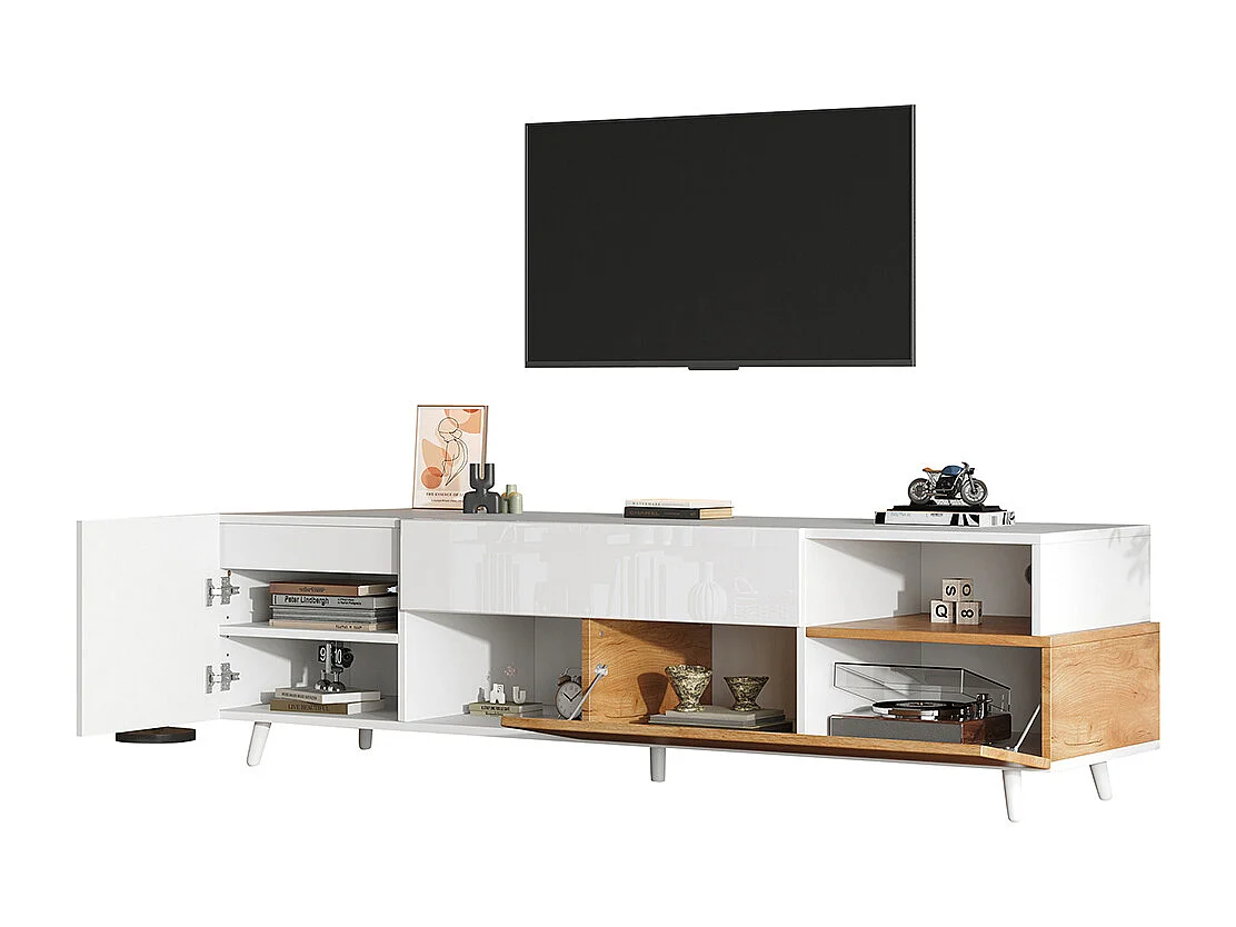 Meuble TV 180x38x50 cm porte inférieure 1 tiroir 7 compartiments brillant commode salon TV 75 pouces