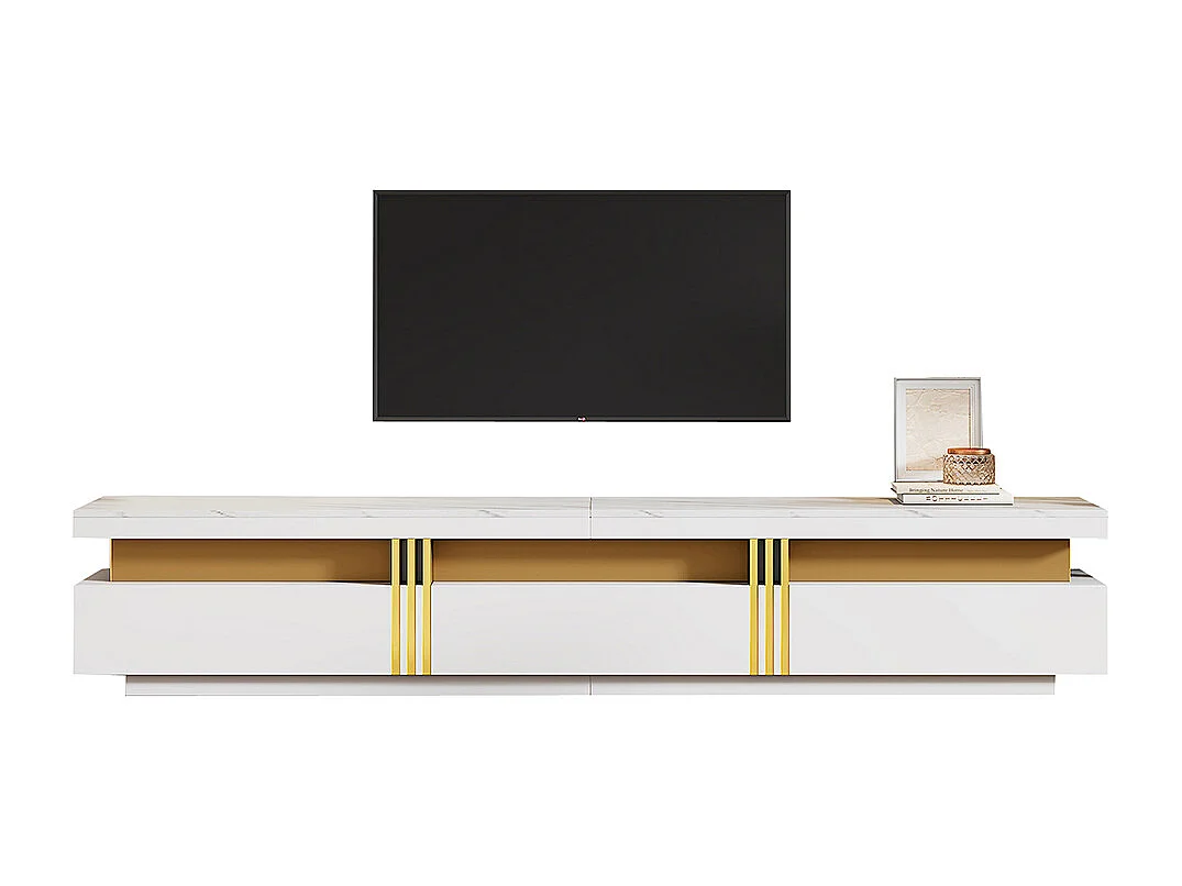 Meuble TV bas marbre 200x40x42 cm TV 90 pouces 3 tiroirs gestion câbles