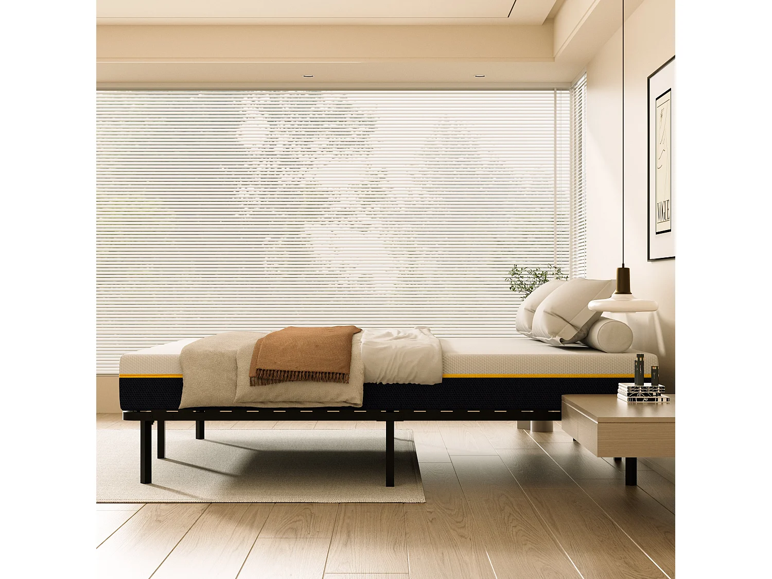 Matelas double en mousse de 17 cm + sommier à lattes de 160x200 cm avec 18 rangées de lattes