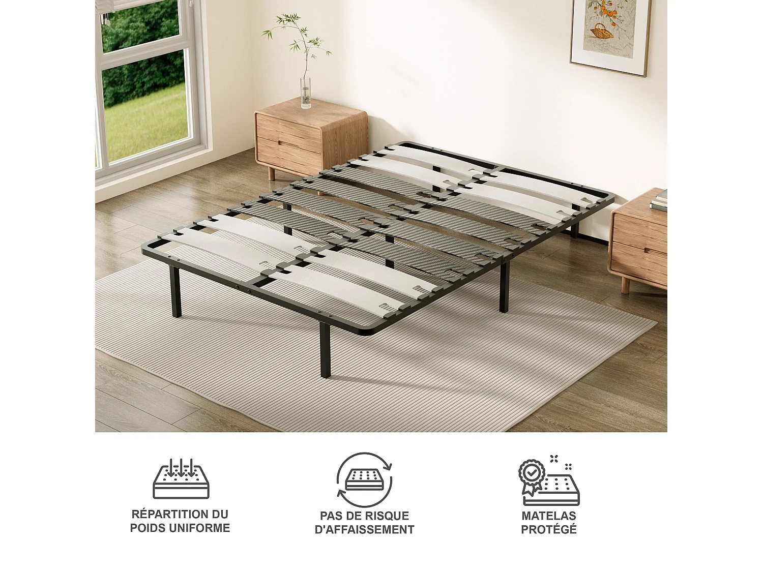 Ensemble matelas double en mousse de 17 cm + sommier à lattes larges 160x200 cm