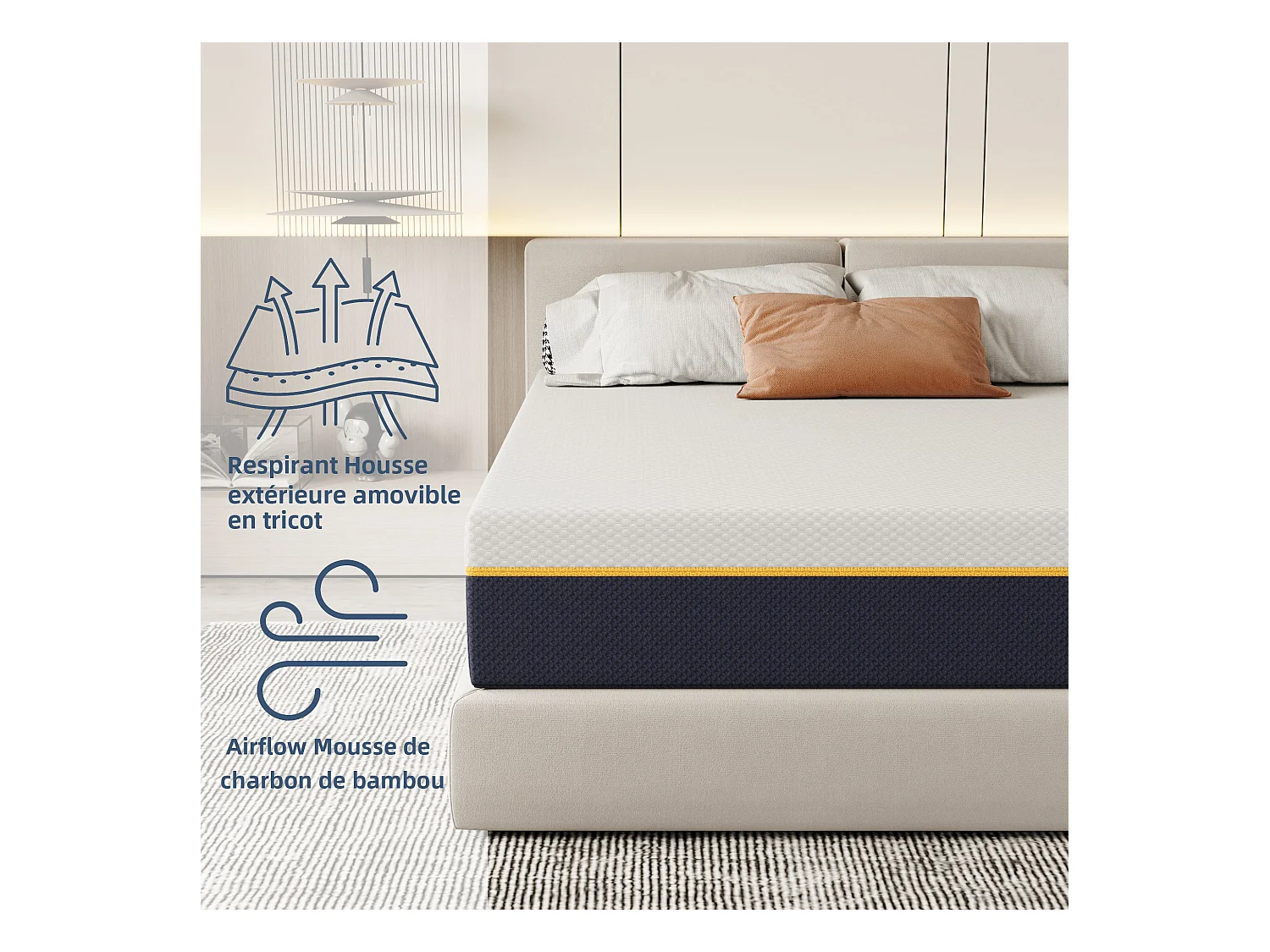Matelas double pour adultes, 140 x 190 cm, épaisseur 21 cm (mousse à mémoire de forme + fibres de charbon de bambou)