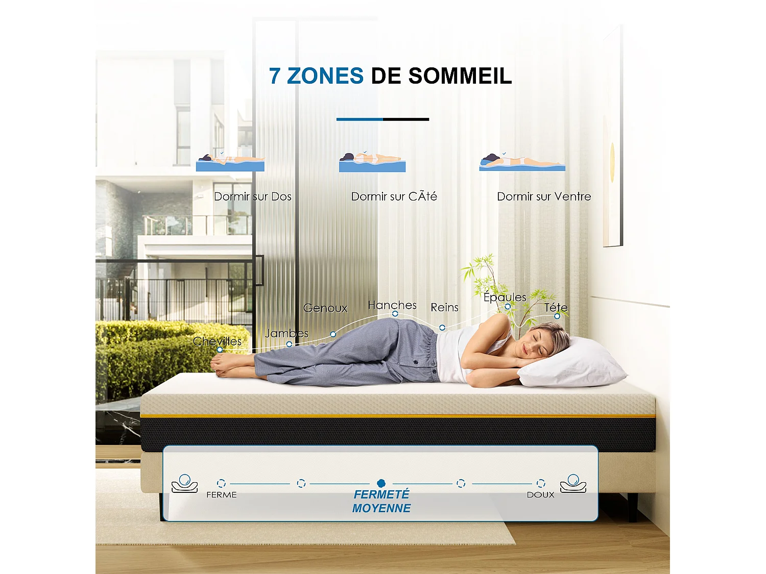 Matelas adulte de 17 cm, 90 x 200 cm (mousse à mémoire de forme + fibre de charbon de bambou)