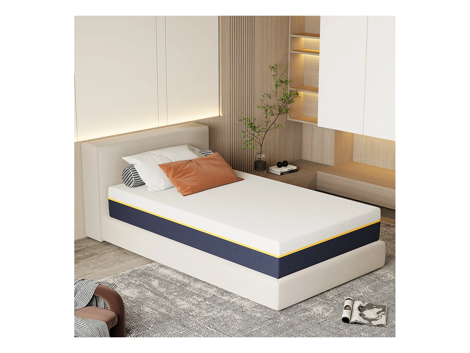 Matelas pour adulte 90 x 190 cm, épaisseur 21 cm (mousse à mémoire de forme + fibres de charbon de bambou)