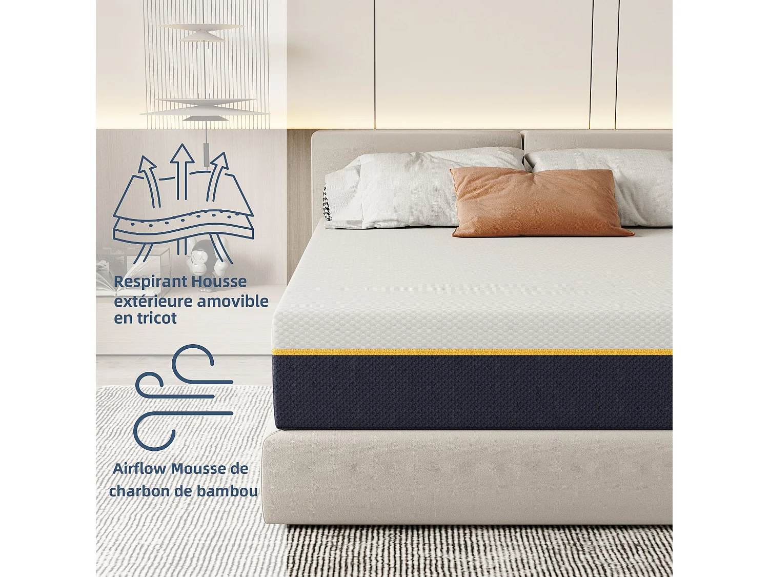 Matelas pour adulte 90 x 190 cm, épaisseur 21 cm (mousse à mémoire de forme + fibres de charbon de bambou)